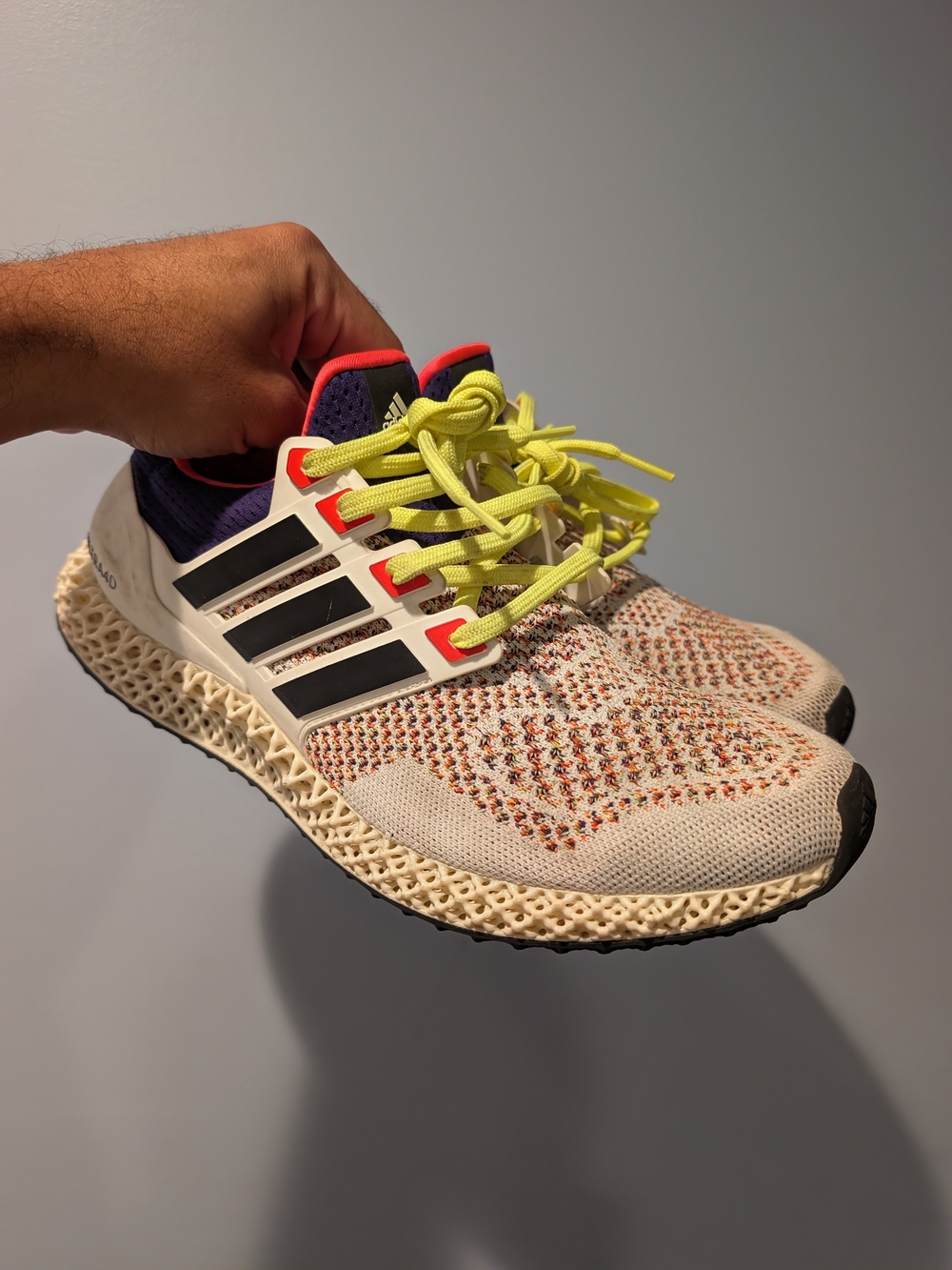 adidas Men’s Cream Knit 4D Running Shoes with Neon Yellow Laces
